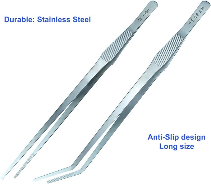 Aquarium Aquascape Tools Kit, 15 inch Stainless Steel Includes Brush, Tweezers/Feeding Tongs, Scissors, Spatula, Algae Scraper, Rake, for Fish Tank Cleaning Scrubbing, Trimming