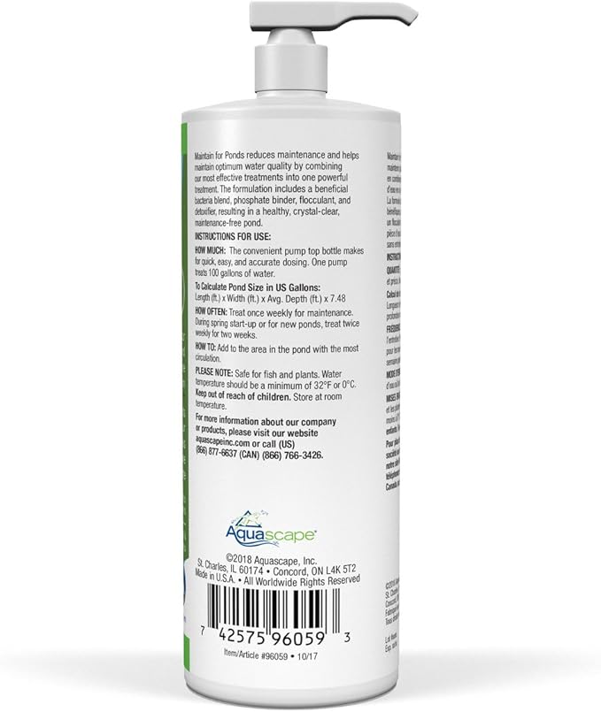 Aquascape Maintain Water Treatment for Koi and Fish Ponds, Easy to Use, Powerful Blend of Beneficial Bacteria, Phosphate Binder, Flocculent, and Detoxifier, 32 Ounce / 946 ml | 96059