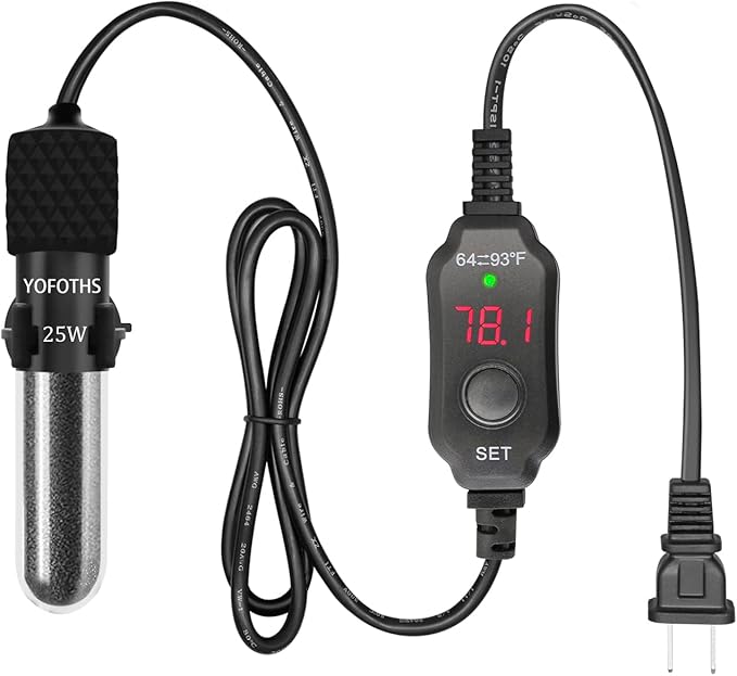 YOFOTHS Adjustable Mini Aquarium Heater3-5 Gallons Submersible Small Fish Tank Heater 25W Digital Display Thermostat External Temperature Controller (25W)