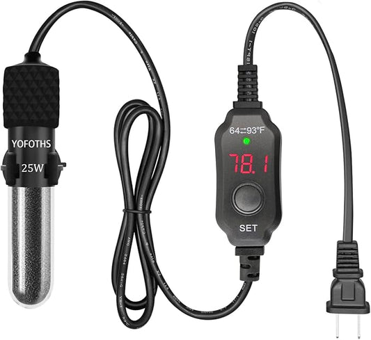 YOFOTHS Adjustable Mini Aquarium Heater3-5 Gallons Submersible Small Fish Tank Heater 25W Digital Display Thermostat External Temperature Controller (25W)