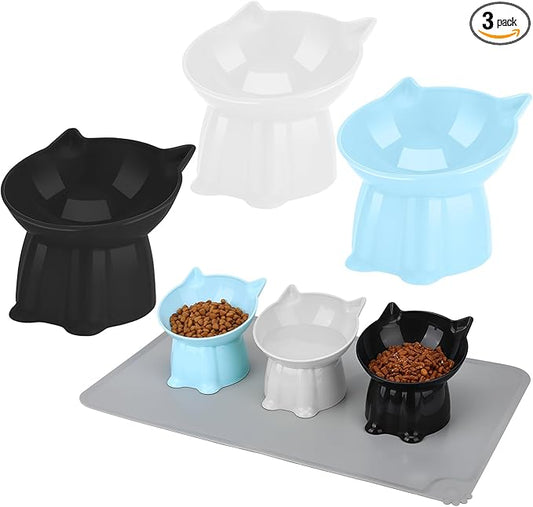 3 Pcs Elevated Cat Bowls 15°Raised Cat Food Bowl with Silicone Mat Whisker Friendly Anti Vomiting Cats Dishes Pet Food and Water Bowls for Indoor Cats Kittens, Blue, Black, White