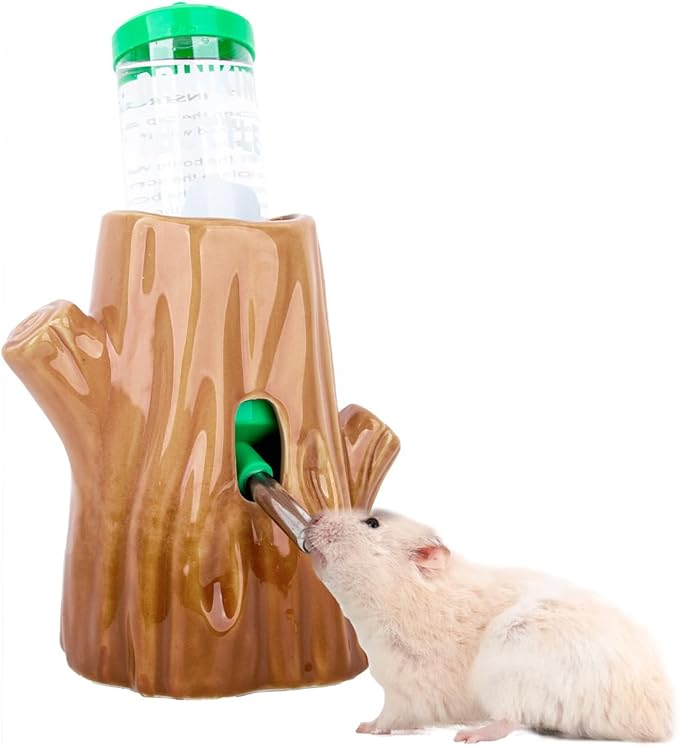 Stump-Shaped Ceramic Hamster Water Bottle - Leak Proof Small Animal Waterer with Bracket, 4.27oz(125ML) for Syrian Dwarf Hamster, Mice, Chinchillas (Brown + Green, Middle Size)