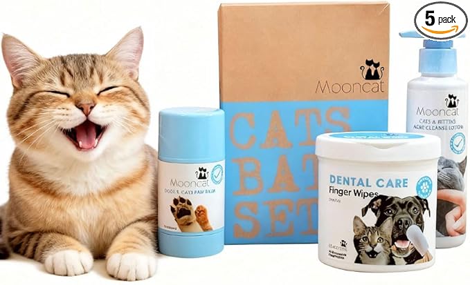 Mooncat Waterless Cat Shampoo & Grooming Kit - Dry Shampoo Foam, Soft Brush, Paw Balm, Dental Finger Wipes & Chin Cleaner - Lick Safe No Rinse Bath, Breath & Skin Care Essentials for Cats & Kittens