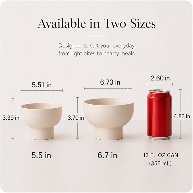 WENSHUO High-foot Deep Fruit Bowl, Ceramic Pedestal Decorative Bowl, Round Bowl for Salad, Small Size (Matte Crème, 6.7")