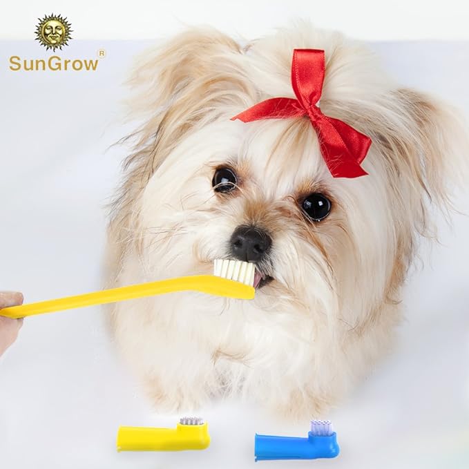 SunGrow Dog Toothbrush Set, Dual-Headed Brush, 2 Bonus Finger Brushes Included, Removes Plaque, freshens Dog's Breath, Use with Dog Toothpaste, 3 Pcs