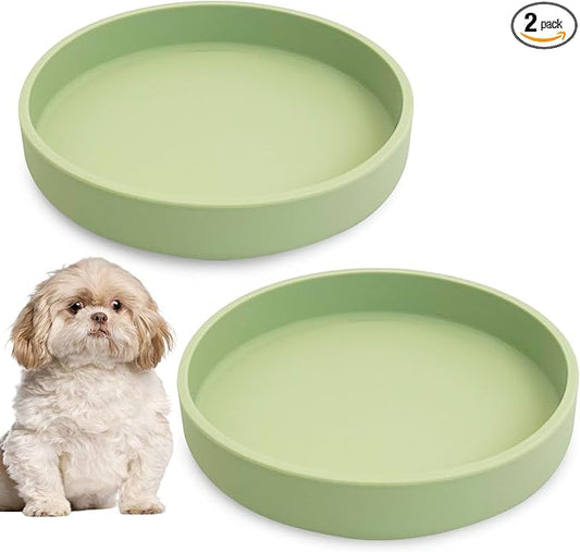 Silicone Dog Bowl Shallow Cat Food Bowls 7in Flat Puppy Plates Cute Whisker Fatigue Pet Feeding Dishes Set of 2 for Dry and Wet Food Indoor (Round Bean Green)