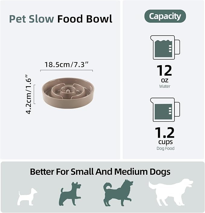 Havniva Ceramic 1.2 Cup Slow Feeder Dog Bowl for Medium and Small Breed, 7.3inch Puzzle Dog Food Dish, Anti-Gulping, Stop Bloat, Preventing Choking (Single Bowl-Brown Coffee)