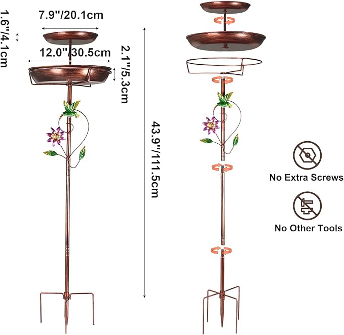 EdenseeLake Double Metal Bird Bath for Outside, 43.8 Inch Upgraded 5-Prong Base Stake Birdbaths Feeder with Detachable Bowls for Outdoors Lawn Patio Yard Garden Decor