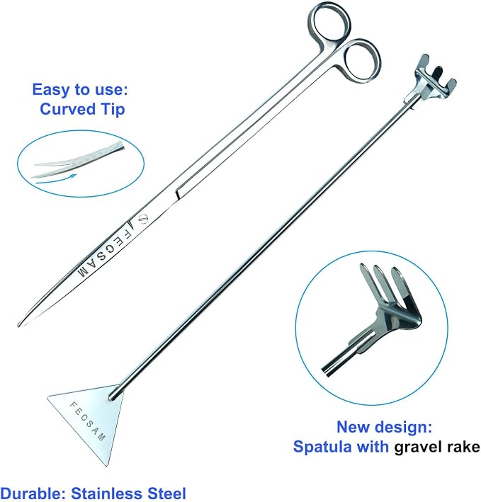 Aquarium Aquascape Tools Kit, 15 inch Stainless Steel Includes Brush, Tweezers/Feeding Tongs, Scissors, Spatula, Algae Scraper, Rake, for Fish Tank Cleaning Scrubbing, Trimming