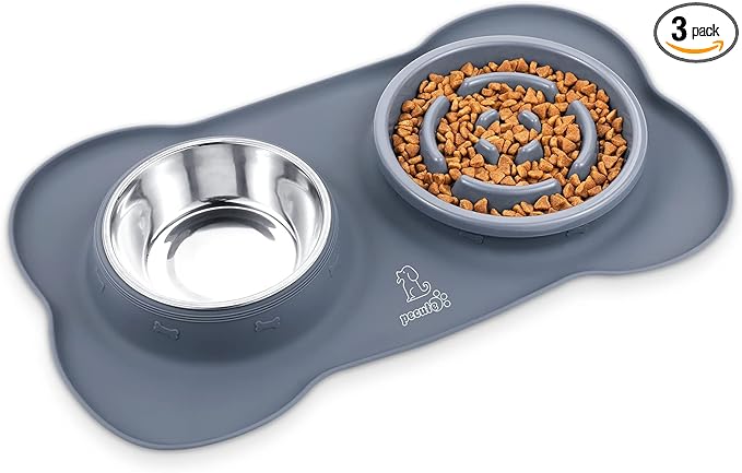 Pecute Slow Feeder Dog Bowls to Slow Down Eating, Dog Bowl Slow Feeder with No-Spill Non-Skid Silicone Mat, Food-Grade Safe Dog Food Bowls Slow Feeder, Stainless Steel Dog Water Bowl for Dogs Cats