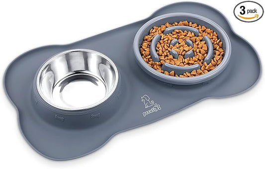 Pecute Slow Feeder Dog Bowls to Slow Down Eating, Dog Bowl Slow Feeder with No-Spill Non-Skid Silicone Mat, Food-Grade Safe Dog Food Bowls Slow Feeder, Stainless Steel Dog Water Bowl for Dogs Cats