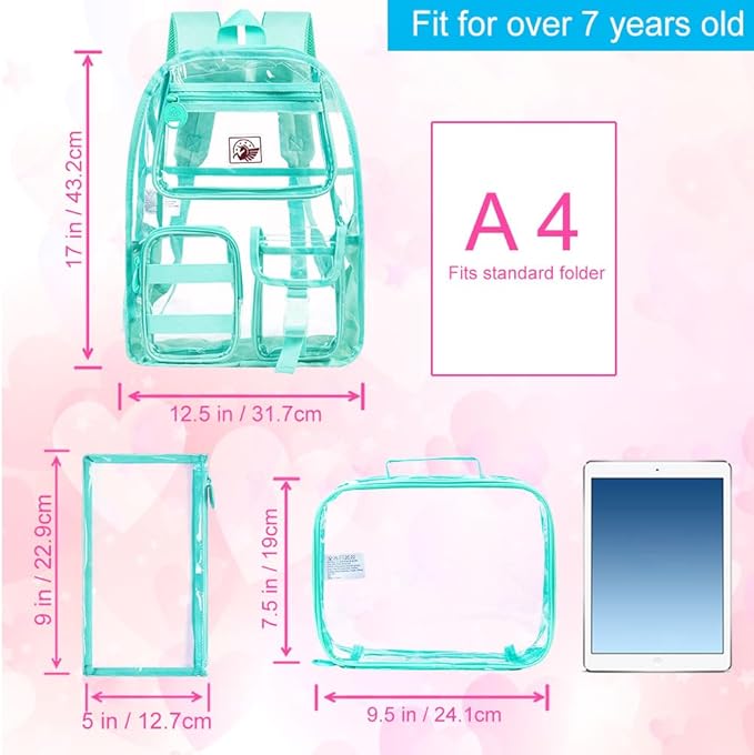 CCJPX 3Pcs Clear Backpack for Girls, School Transparent Bookbag, Heavy Duty See Through Backpacks for Teens Elementary