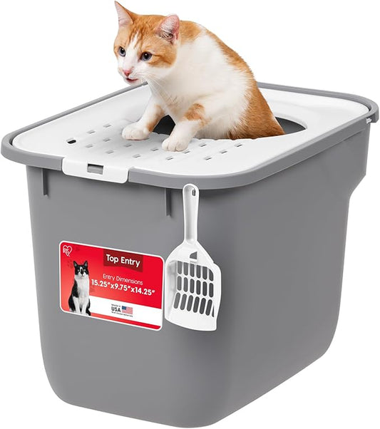 IRIS USA Cat Litter Box Large Top Entry with Lid, Enclosed Litter Box with Litter Catching Lid & Scoop, Covered Cat Litter Box Enclosure for Privacy, High Sided, Gray/White