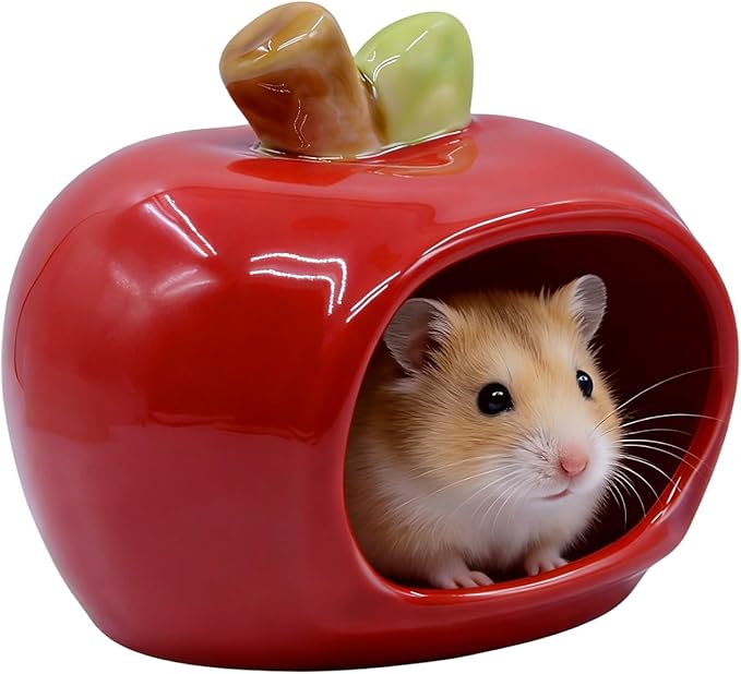 Cute Ceramic Hamster Hideout Habitats Syrian Dwarf Hamster Hide Hideaway House Cozy Bed Mini Chinchilla Gerbils Mice Hut Small Animals Sand Bath Cave Cage Accessories (Red)