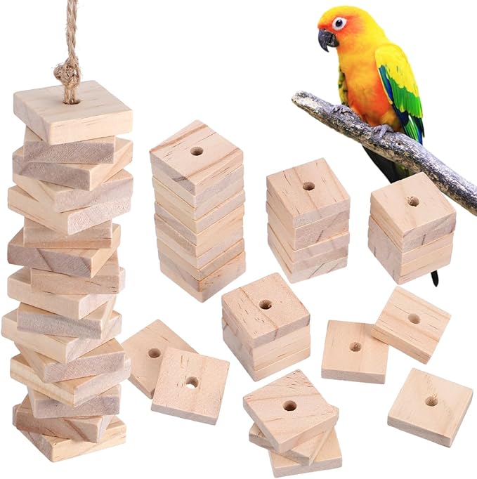 Housoutil Parrot Chewing Blocks 100Pcs Natural Wooden Bird Toys DIY Craft for Bird Cage Accessories Cockatoos Macaws African Grey Small Medium Birds