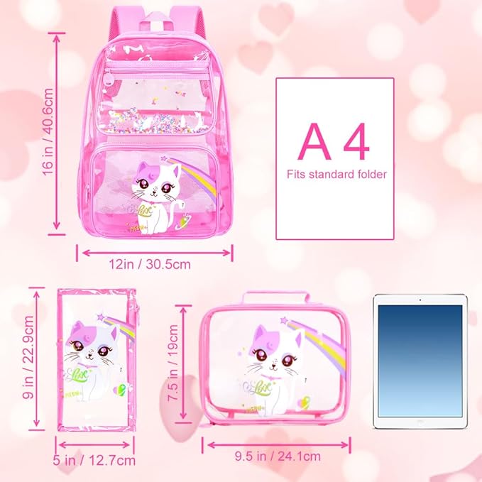 KLFVB 3PCS Clear Backpack for Girls and Boys, Kids See Through Backpacks Stadium Approved, Transparent Bookbag for Elementary