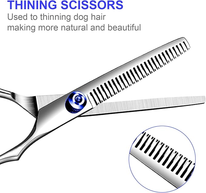TINMARDA Professional Dog Grooming Scissors Kit, Titanium Coated 5 in 1 Stainless Steel Grooming Shears Kit with Straight, Curved and Thinning Scissors for Dogs, Cats and Pets at Home