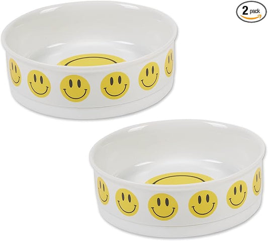 Bone Dry Ceramic Food Bowls, Non-Slip & Dishwasher Safe, Large Set, 7.5x2.4, Smiley Face, 2 Count