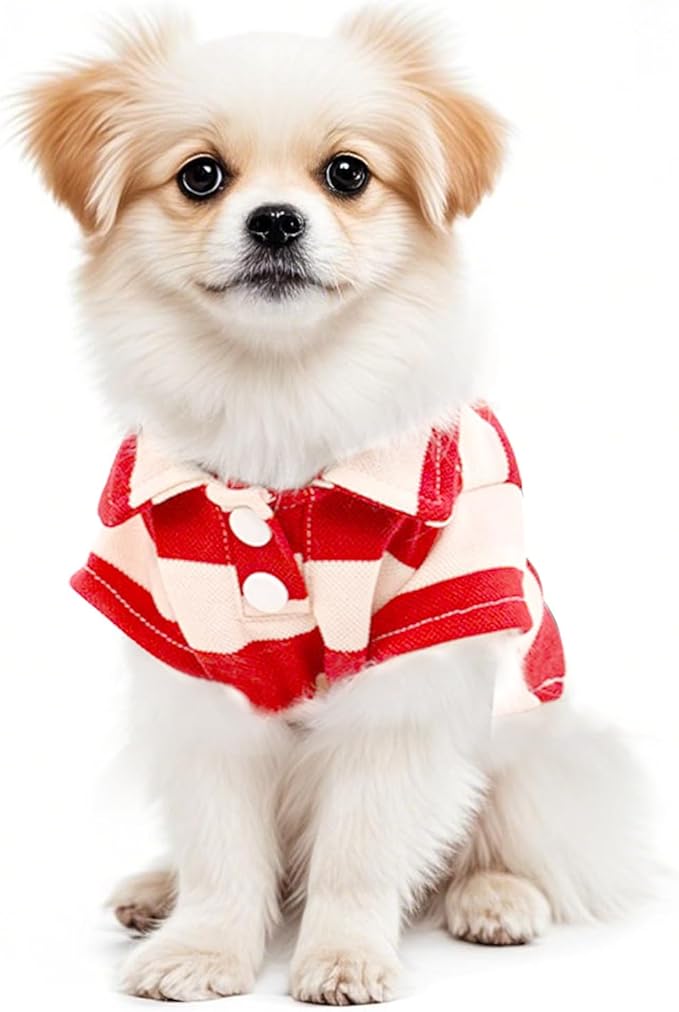 Dog Shirt Polo Shirt Striped Collar Puppy Clothes Summer Button Up Pet Clothes for Small Medium Dogs Cats for Boy Girl Pets (Red, X-Small)