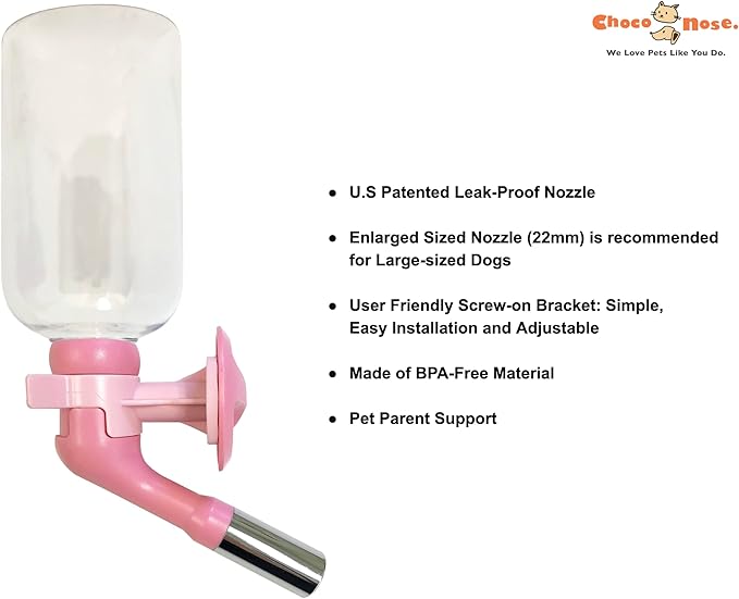 Choco Nose No-Drip Water Bottle for Large Dogs (Over 50 lb) – Leak-Proof Patented 22mm Nozzle Helps Prevent Mess & Spills, BPA Free Cage & Crate Mount Feeder for Kennels, 16.9 fl oz (C570)