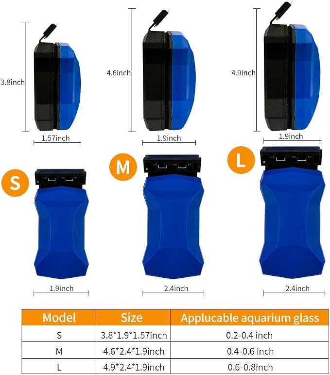 Magnetic Fish Tank Glass Cleaner, Dual-Blades Algae Scraper Glass Cleaner Scrubber with 2 Detachable Scrapers, Double Side Floating Magnetic Brush for 0.6-0.8 Inch Thick Glass Aquariums Tank, Size L