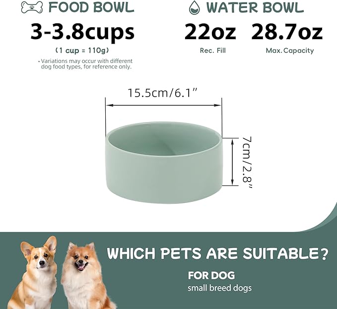 Havniva Ceramic 6.1inch Dog Bowls for Small and Medium Breed Dog Dish Pet Food and Water Bowl (Set of 2 Bowls - Light Green, 28oz)