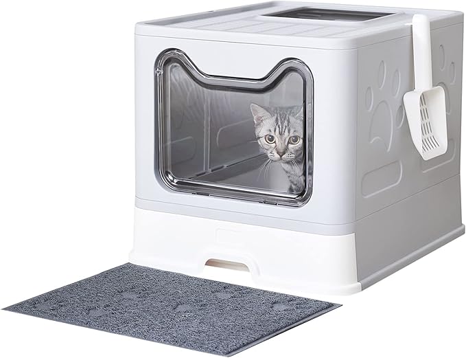 Medario Cat Litter Box with Litter Mat and Scoop, Large Covered Litter Box with Lid, Enclosed Kitty Box, Front Entry Top Exit, Odor Control, Easy to Clean (Grey)