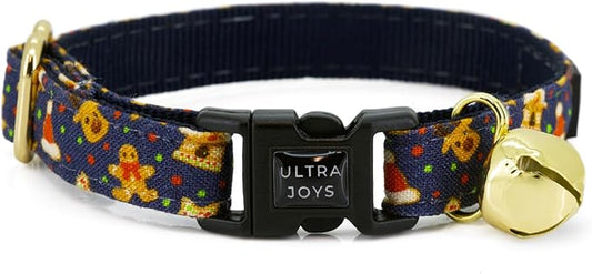 Ultra Joys Breakaway Cat Collar with Bells - Boy & Girl Cat Collars - Kitten to Large - Gingerbread Man Pattern