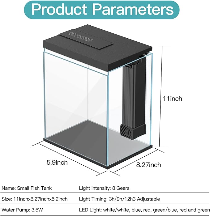Betta Fish Tank, 2 Gallon Glass Aquarium Starter Kit, Small Fish Tank with Filter and Light.(Black)