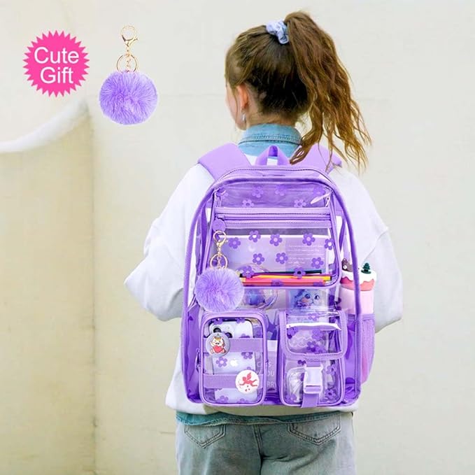 CCJPX 3Pcs Clear Backpack for Girls, School Transparent Bookbag, Heavy Duty See Through Backpacks for Teens Elementary