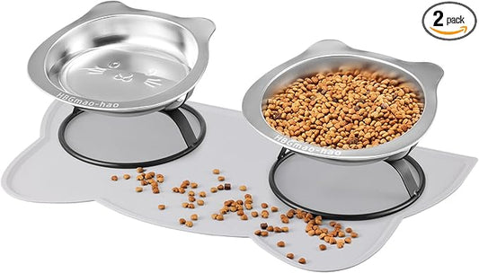 Elevated Cat Bowls with Non-Slip Mat - 7.1" Wide Whisker Friendly Dishes, Neck Stress-Free, Raised Stainless Steel Bowls for Flat-Faced/Senior Cats & Small Dogs, Indoor/Travel Use, 2-Pack