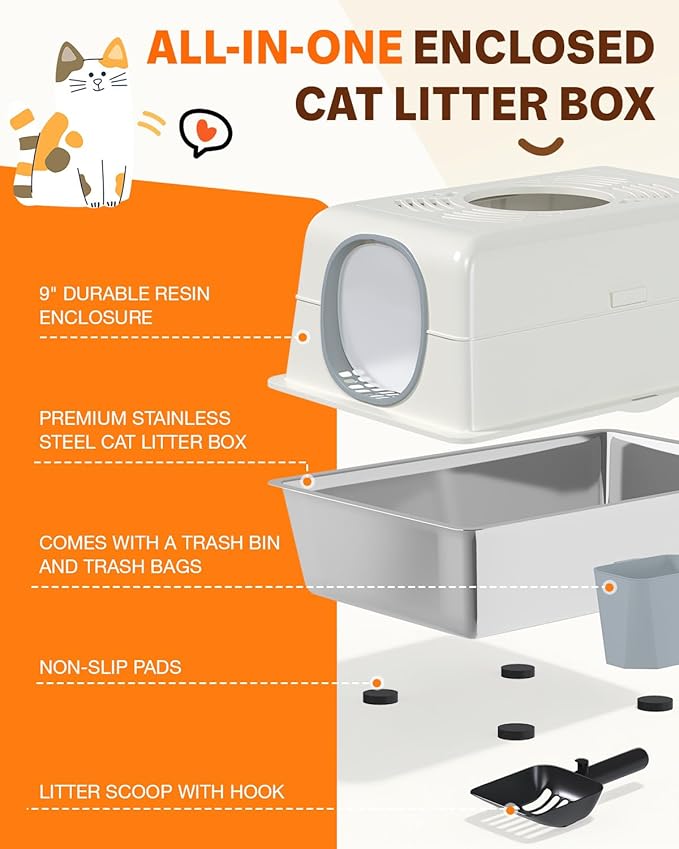 XL Stainless Steel Cat Litter Box with Lid, Enclosed High-Sided Top-Entry Design, Large Metal Kitty Litter Box Equipped with Scoop and Trash Bin, White