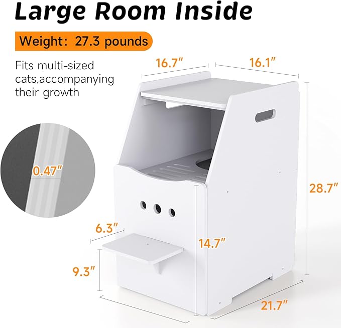 Top Entry Cat Litter Box,Tall Enclosed Enclosure Furniture with Stairs for Cats,Wooden Washroom with Filter for Kitty,Best Hidden,Dog Free, Odor Hiding Cabinet, 21.7 x16.1 x 28.7(White)