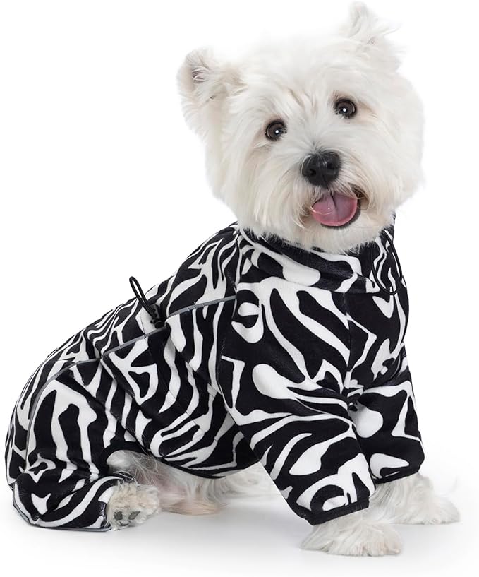 Fleece Dog Coat for Small Medium Dog,Pullover Pajamas Jumpsuit Bodysuit Puppy Coats with Legs, Pet Windproof Warm Cold Weather Jacket Full Body Vest Cozy Snowsuit Outfit Clothes (Zebra Striped, L)