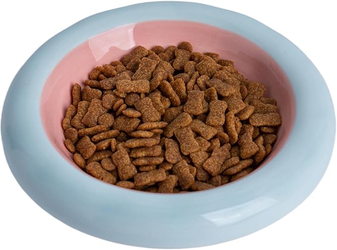 6-Inch Ceramic Cat Food Bowl,6 Oz Wide Shallow Cat Bowls,Whisker Fatigue Relief,Anti-Vomiting Design,Spine Protection for Cats,Dishwasher and Microwave Safe,Set of 1(Pink and Blue)