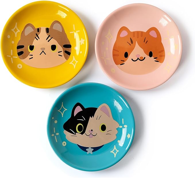 Ceramic Shallow Cat Dish 6 inch, Whisker Fatigue Free Cat Food Bowls, Wide and Small Pet Plate for Kitten and Kitty, Cat Design Gift for Cat Lovers