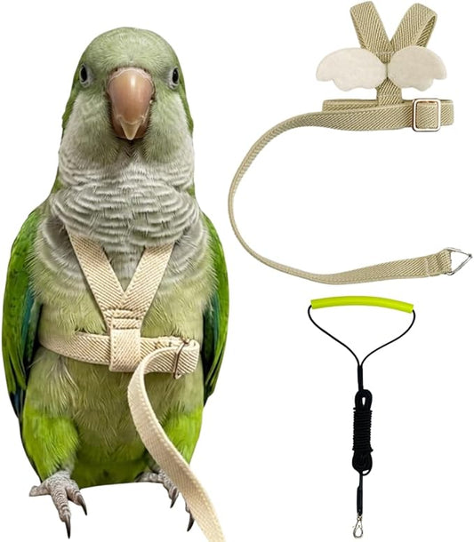 Adjustable Bird Harness with Elastic Leash, Pet Parrot Harness and Leash, Adjustable Training Design Anti-Bite, Bird Nylon Rope with Cute Wing for Conure (Beige,L)
