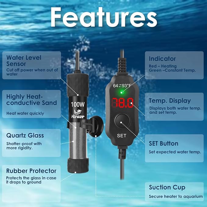 100W Compact Aquarium Heater for 10-20 Gallon Tanks | Super Short Submersible Fish Tank Heater with LED Digital Thermostat, Dry-Run & Overheat Protection, Memory Function