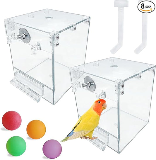 PINVNBY Bird Bath Box for Cage,Transparent Parakeet No-Leakage Bathtub Hanging Cube Tube Shower Box Cages Accessory with Water Injector and Balls Toys for Pet Birds Canary Parakeet Cockatoos (8 Pcs)