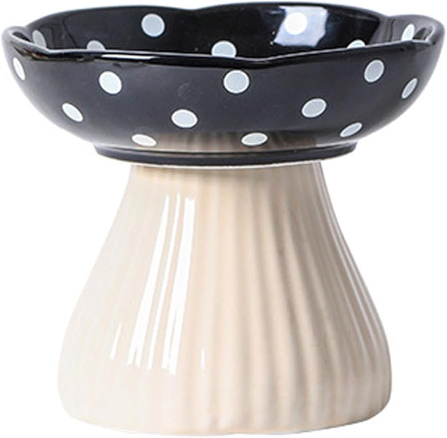 Elevated Mushroom Cat Bowls Ceramic, Raised Cat Bowls for Indoor Cats, Cute Whisker Fatigue Cat Bowl, Raised Dog Bowl Stand for Food and Water, Black 6" Wide for Adult Cats
