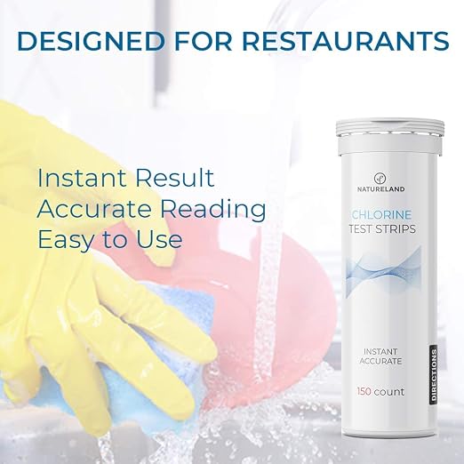 Restaurant Chlorine Test Strips 10-250 ppm, 1 Second Result, 150 Count | Instant 10-250 ppm chlorine solution strength checks for restaurants, food trucks and commercial kitchens; value pack
