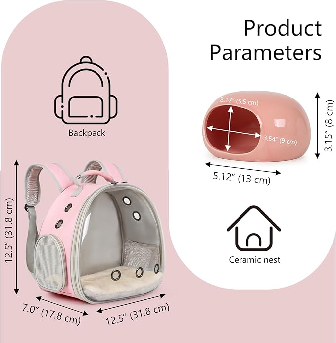 2-Pack Small Animal Backpack Carrier & Ceramic Hamster Hideout for Cooling Summer, Hamster House and Habitat Cool Bed for Other Similar-Size Small Pet Gerbil Rat Chinchilla