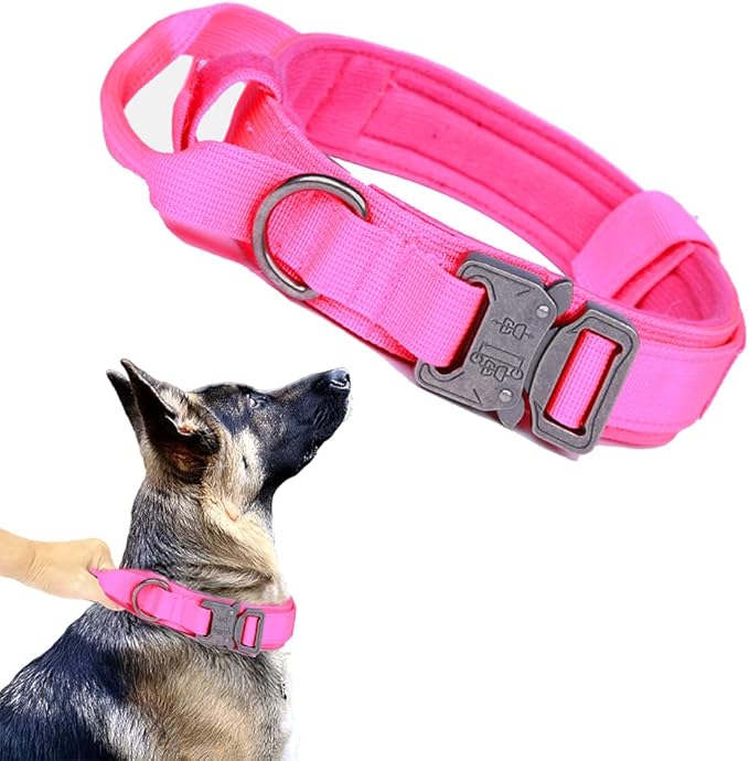 Xqpetlihai Tactical Dog Collar Adjustable Military Nylon Dog Collar with Control Handle and Heavy Duty Metal Buckle for Medium and Large Dogs(Pink,XL)