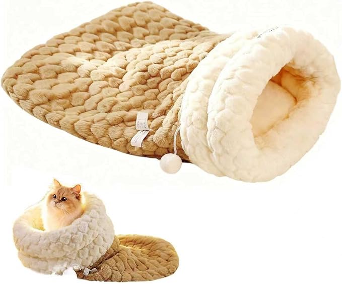 Cat Winter Sleeping Bag Soft Warm Cozy Pet Bed Sack for Indoor Cats or Small Dogs Durable Washable Sleeping Pad (Brown Ball, Large)