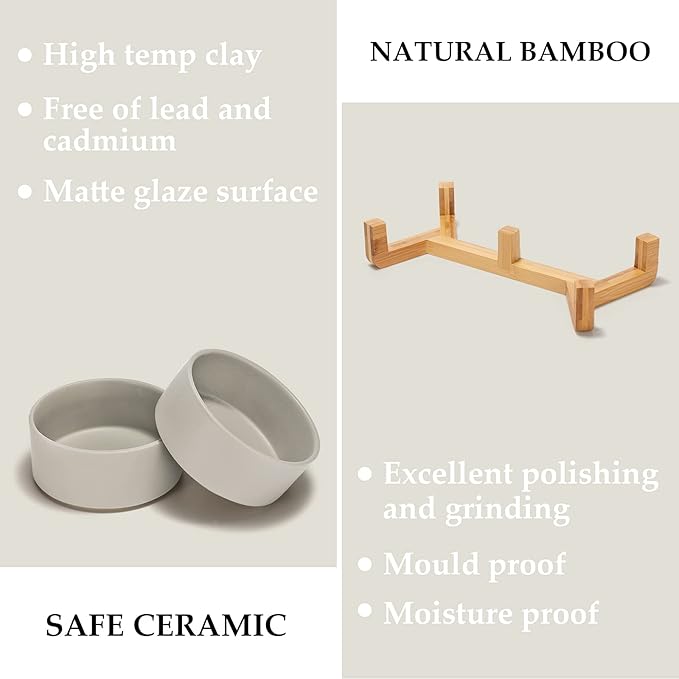 SPUNKYJUNKY Ceramic Dog and Cat Bowl with Wood Stand Non-Slip Matte Glaze Weighted Food Water Set for Cat Medium Dog 28.7 OZ
