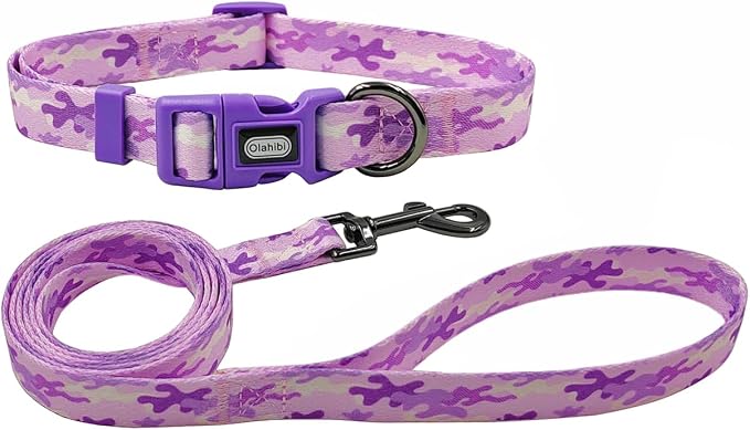 Dog Collar Leash Set, Camouflage Pattern, Polyester Material, Adjustable Collar and 5ft Matching Leash, for Puppy Dogs.(XS, Purple Camo)