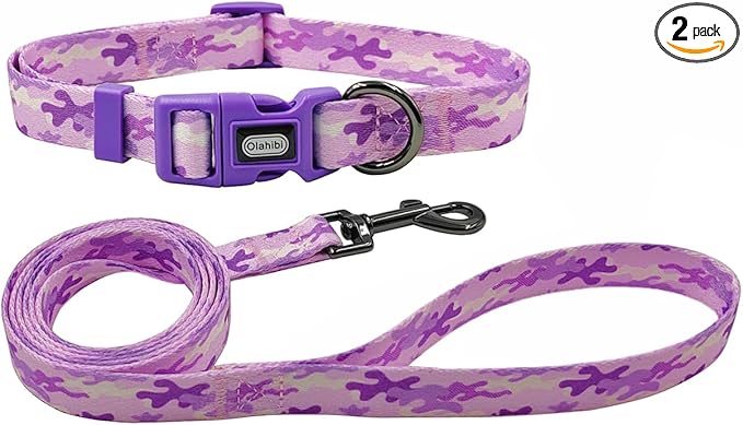 Dog Collar Leash Set, Camouflage Pattern, Polyester Material, Adjustable Collar and 5ft Matching Leash, for Large Dogs.(L, Purple Camo)