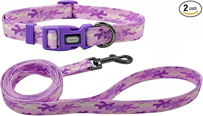 Dog Collar Leash Set, Camouflage Pattern, Polyester Material, Adjustable Collar and 5ft Matching Leash, for Small Dogs.(S, Purple Camo)