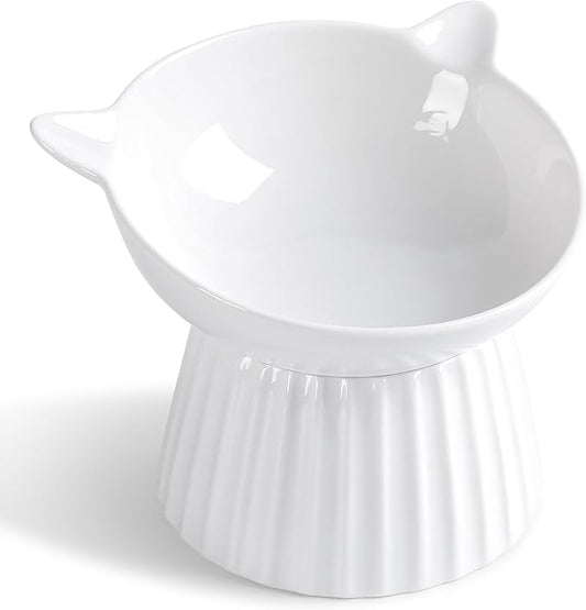 Ceramic Raised Cat Bowl，Tilted Raised Cat Bowl Anti Vomit Cat Bowls for Indoor Cats Whisker Friendly Pet Feeder for Cats Puppies, Microwave and Dishwasher Safe