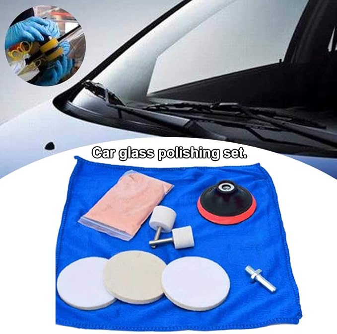 9Pcs/Set Glass Kit Multifunctional Deep Scratch Remover Car Polish Pad Cerium Oxide Polishing Powder Felt Polishing Wheel Set for Windscreen and Glass Repair